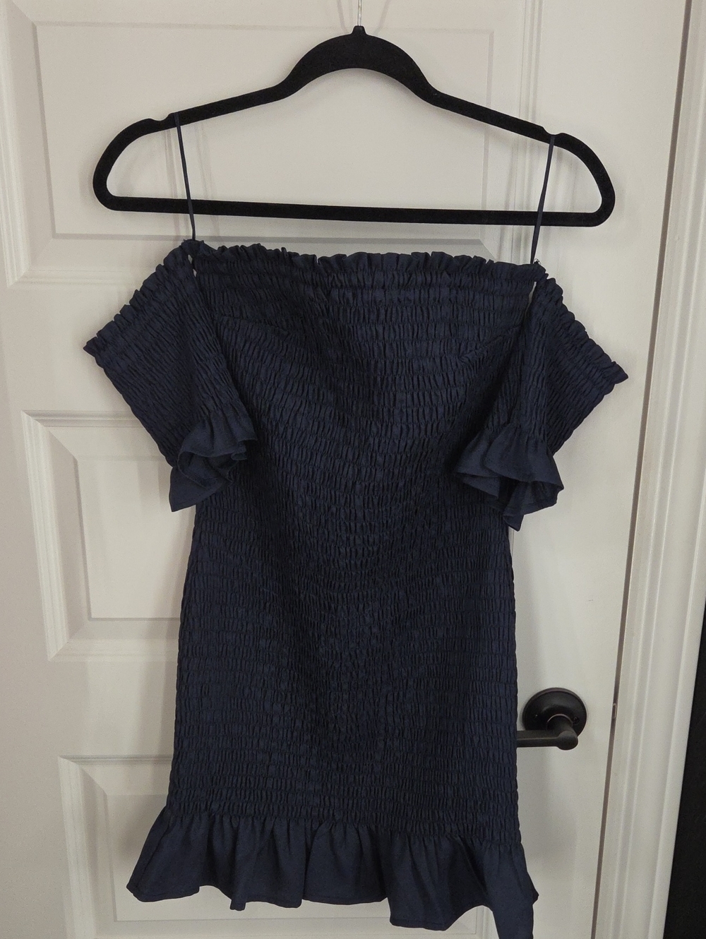 Smocked Off-Shoulder Navy Mini Dress with Ruffle Hem
